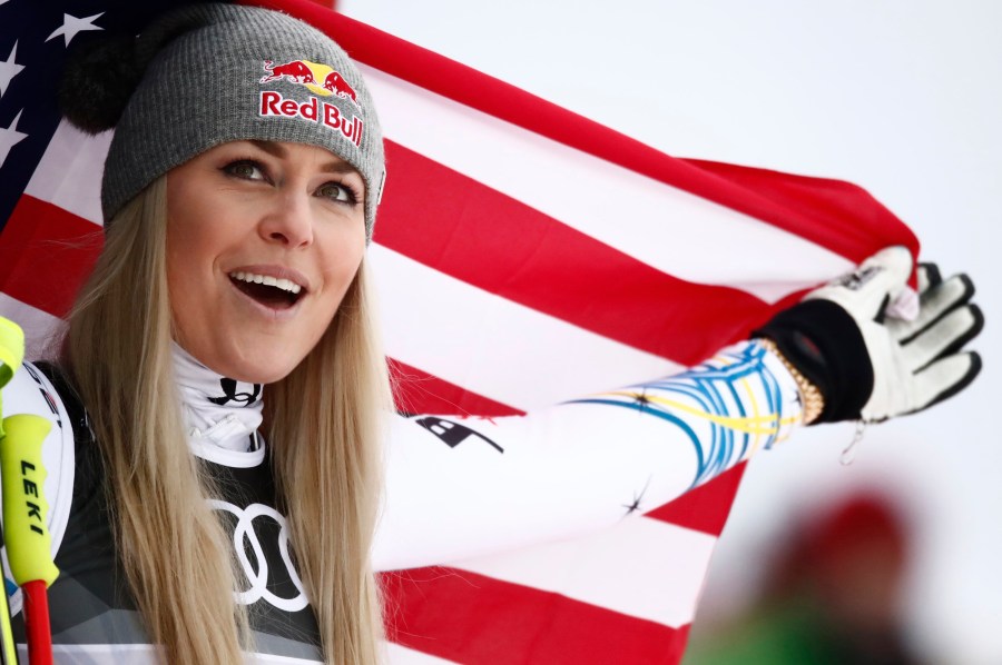 Image: Lindsey Vonn celebrates her bronze medal win at the FIS Alpine World Ski Championship in Are, Sweden, on Feb. 10, 2019.