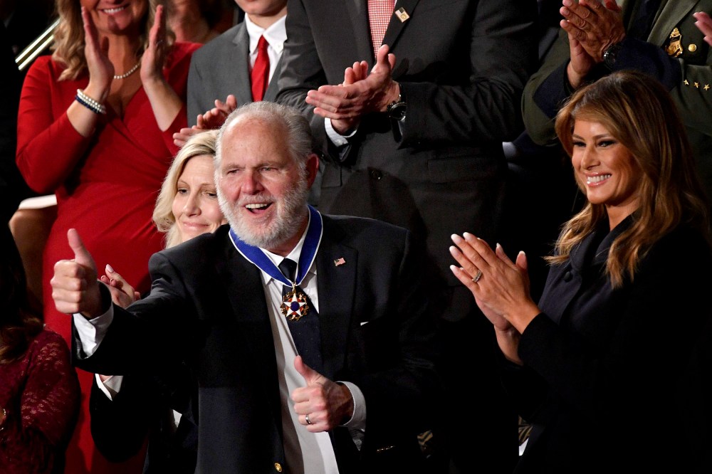 Image: Rush Limbaugh celebrates after he was awarded the Medal of Freedom by first lady Melania Trump at the State of the Union on Feb. 4, 2020.