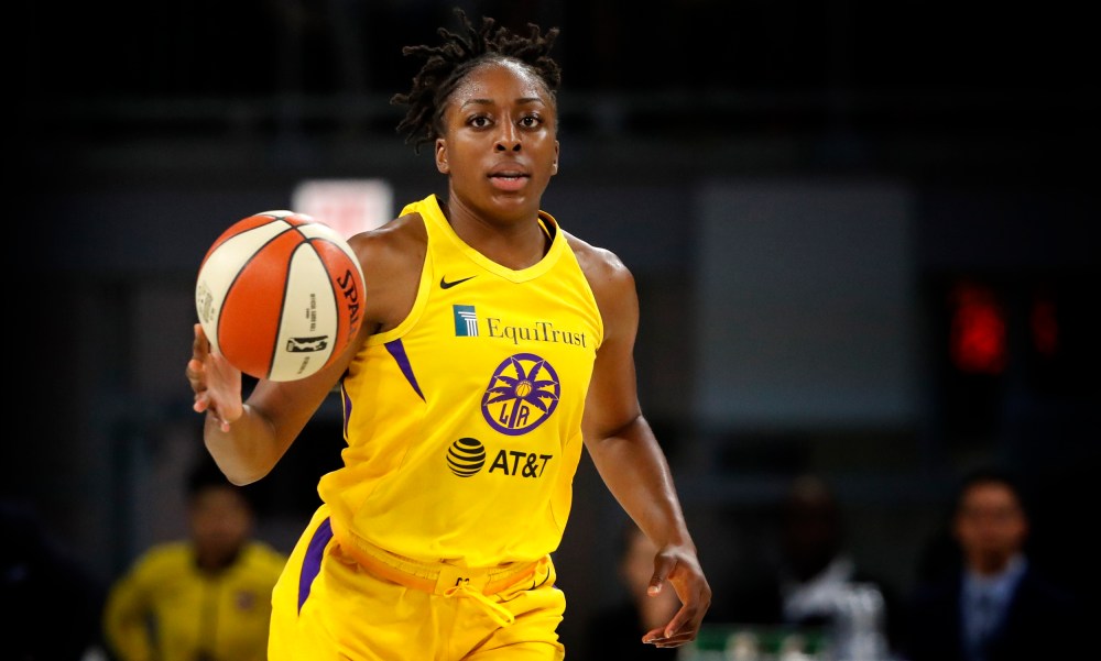 Image: Los Angeles Sparks player Nneka Ogwumike dribbles the ball during a game against the Chicago Sky on Aug. 16, 2019.