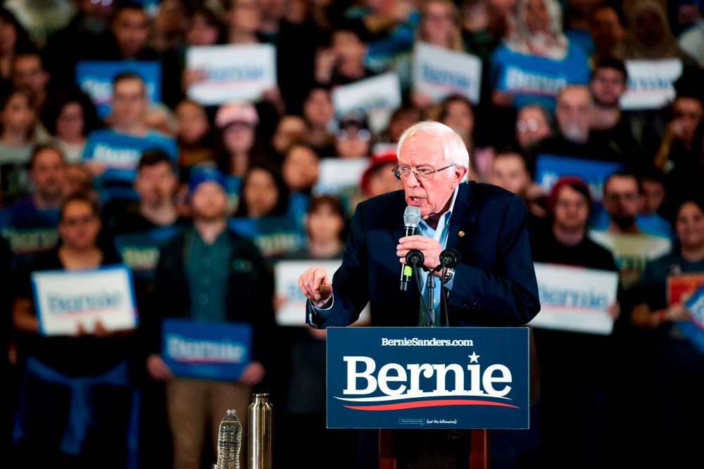 Image: Democratic presidential candidate Vermont Senator Bernie Sanders addresses supporters during a campaign rally in Denver