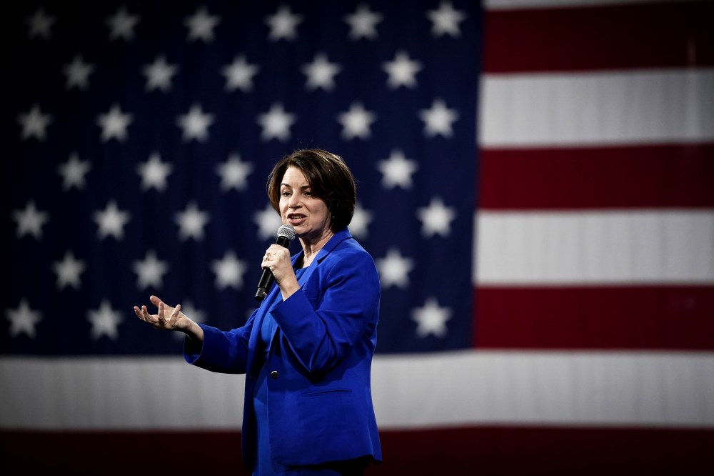 Image: Sen. Amy Klobuchar speaks at a forum in Concord, N.H., on Feb. 8, 2020.