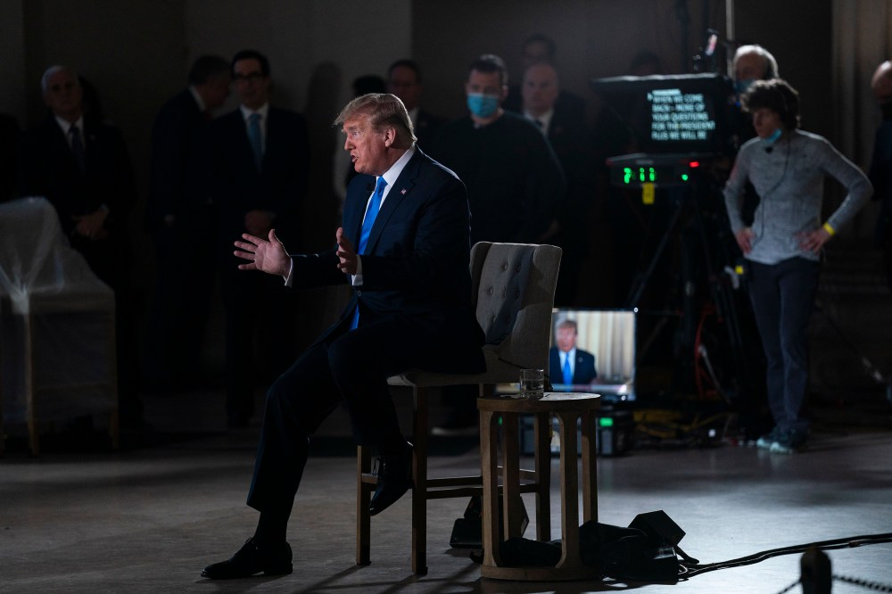 Image: President Donald Trump speaks during a Fox News virtual town hall from the Lincoln Memorial