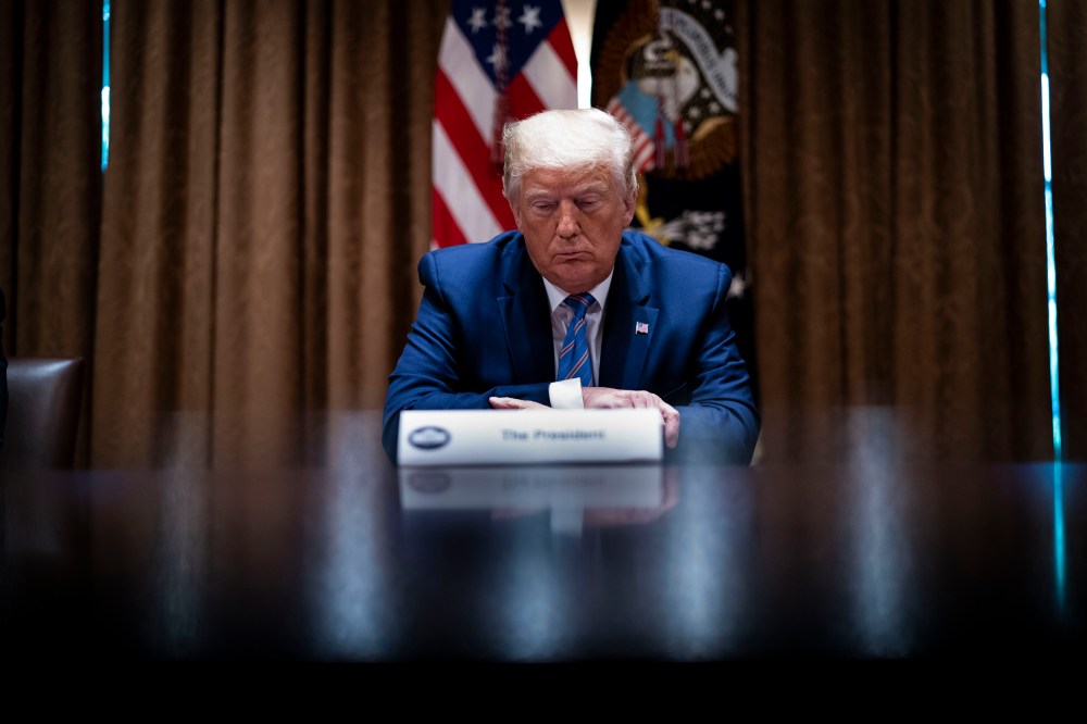 President Donald Trump listens during a round-table discussion at the White House on June 15, 2020 in Washington, DC.
