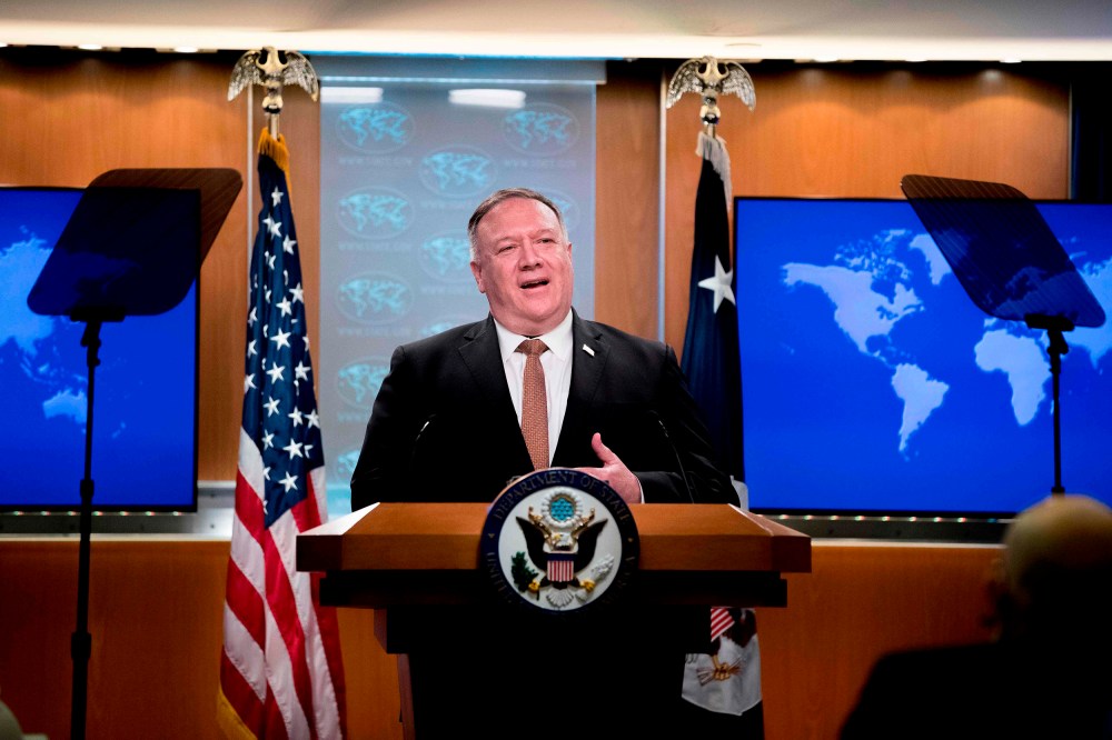 Image: Secretary of State Mike Pompeo speaks during a news conference at the State Department in Washington