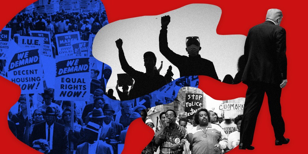 Image: Scenes from the Civil Rights movement, the Black Lives Matter movement and Donald Trump walking away.