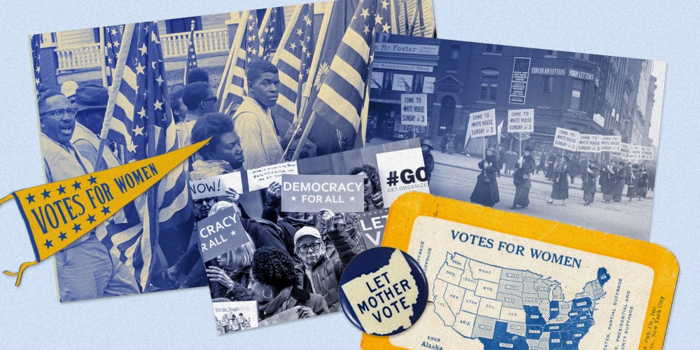 Image: Juxtaposed images of people marching with flags and protest posters. Badges and cards read: Let Mother vote, Votes for Women.