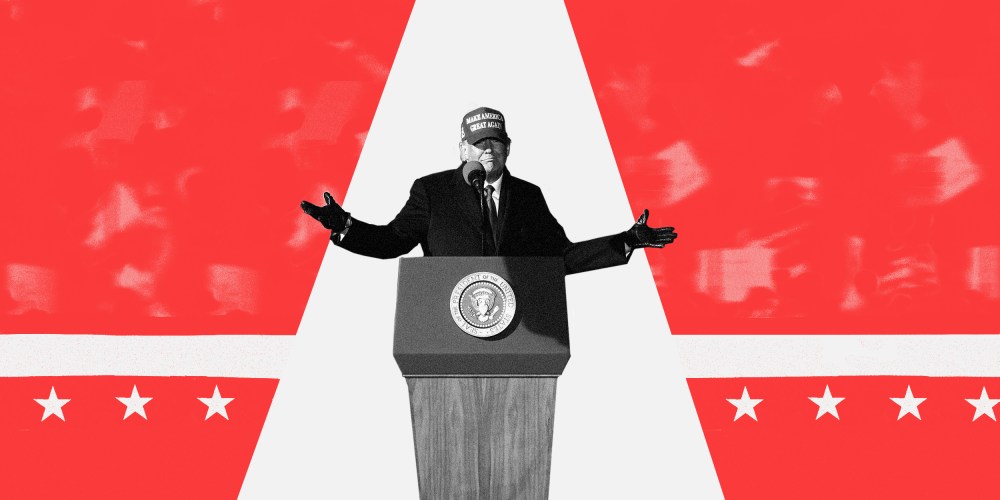 Image: Trump stands out in the limelight against a red blurry background of supporters