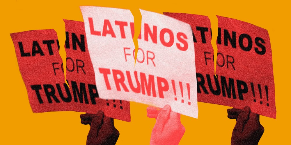 Image: Three hands with red overlays hold up torn signs that read 'Latinos for Trump'
