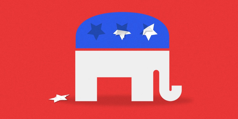 Image: The two stars from the GOP elephant are peeling off the surface, one star is on the ground