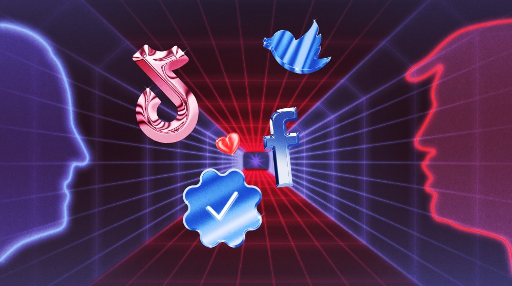 Image: Chrome social platform icons, like Twitter, Facebook and TikTok, float down a dark tunnel, as neon outlines of Joe Biden and Donald Trump look on.