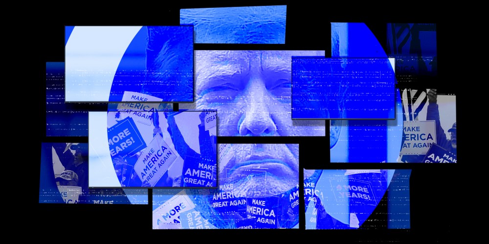 Image: Overlapping screens form an image of Trump along with signs at the base that read,"Make America Great Again" and "4 more years".