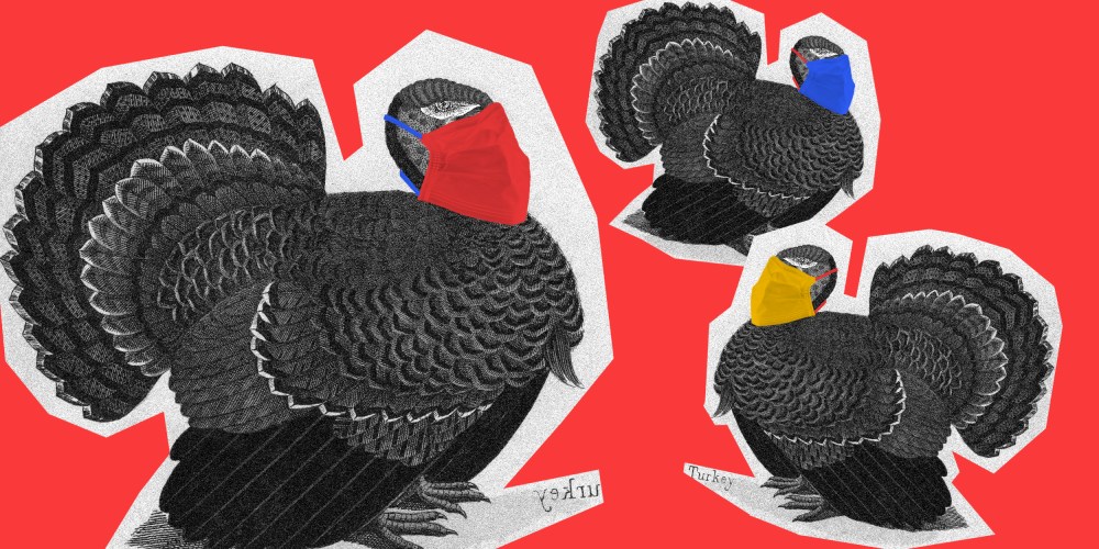 Image: Three cutouts of turkey illustrations with red, yellow and blue surgical masks on.