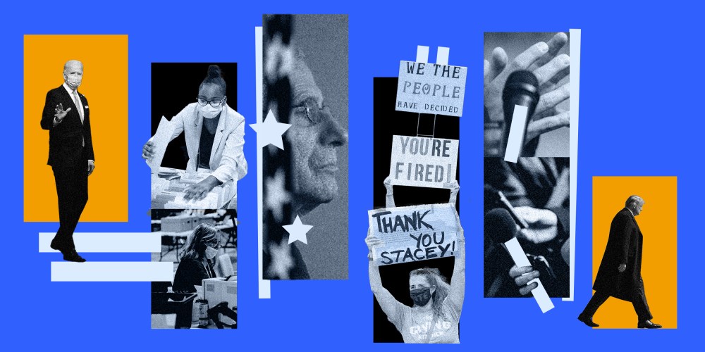 Image: Multiple boxes side by side. First box has Biden walking from it onto steps, second has poll workers counting ballots, third shows Dr. Fauci, fourth has raised microphones and last has Donald Trump walking out.