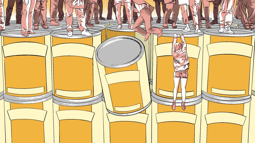 Illustration of woman falling off a cliff of cans.