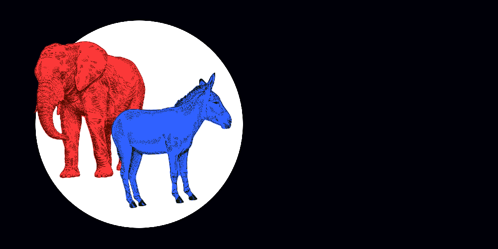 Moving image of a blue donkey and a red elephant in a circle switches to a circle with the map of US with a ballot going in.
