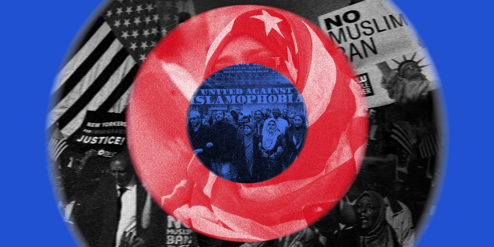 Image: Concentric circles of blue, black and white and red with images from protests against the muslim ban.