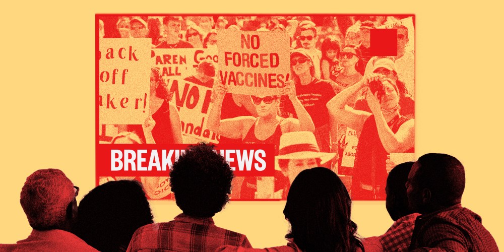 Image: A family watches news on screen where people are protesting vaccines.