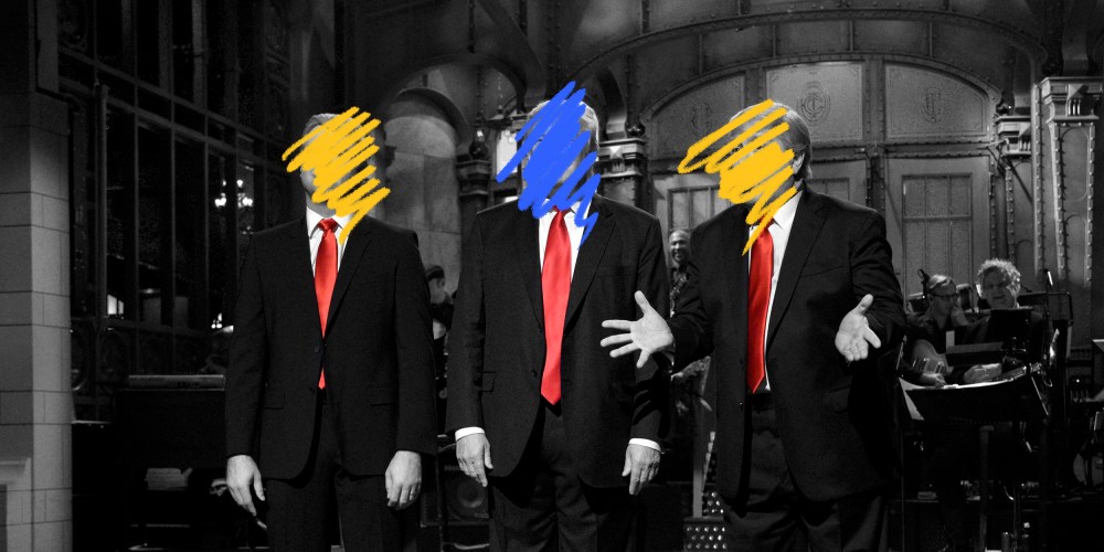 Image: Blue and yellow scribbles cover the faces of three men on the Saturday Night Live stage wearing black suits and red ties.