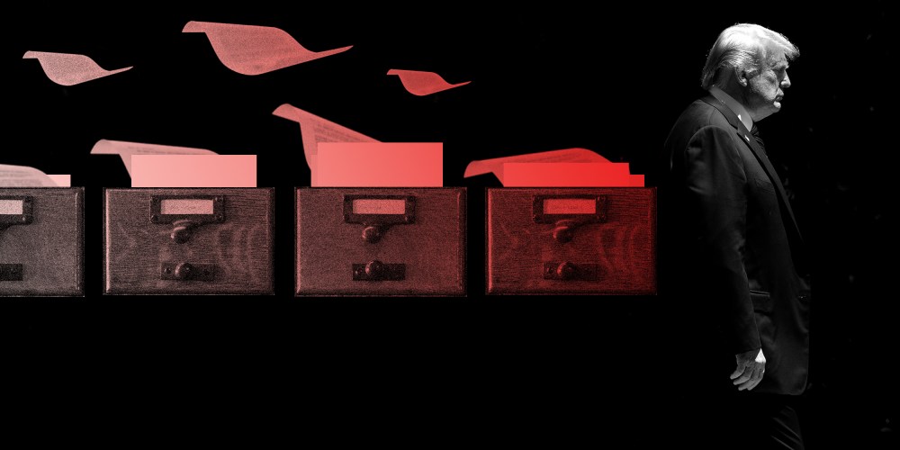 Photo illustration of Trump walking away from cabinets of filed documents