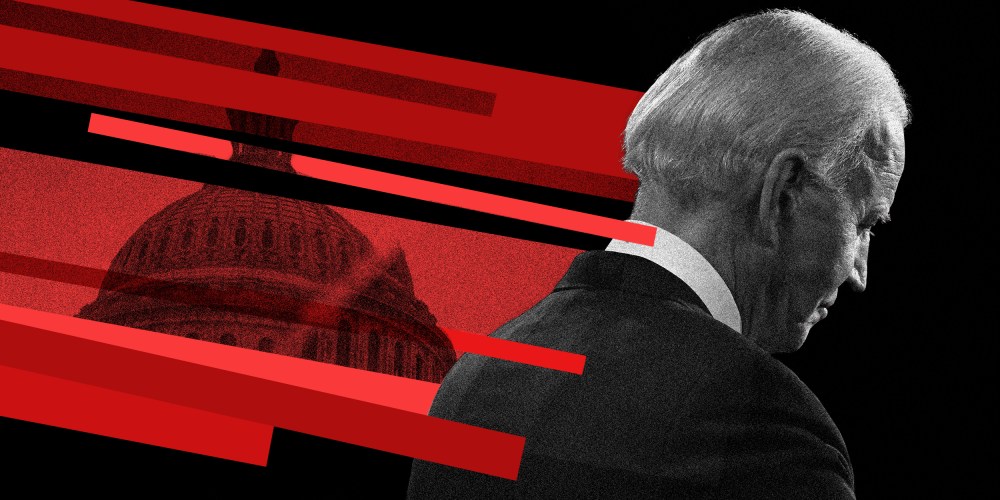 Photo illustration of Joe Biden looking away on a black background while red lines with an overlay of the Capitol building come in from the top left.