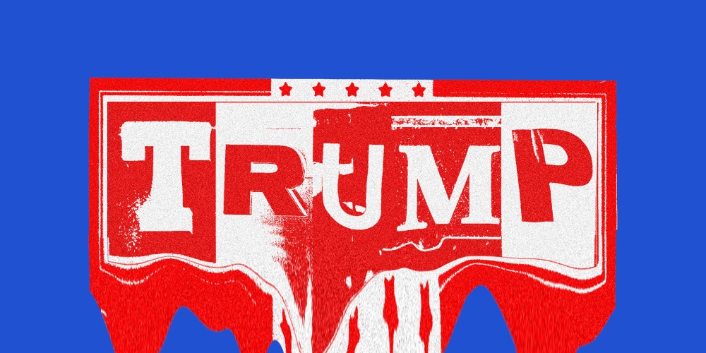 Photo illustration of a melting board of mismatched letters that reads,"Trump".