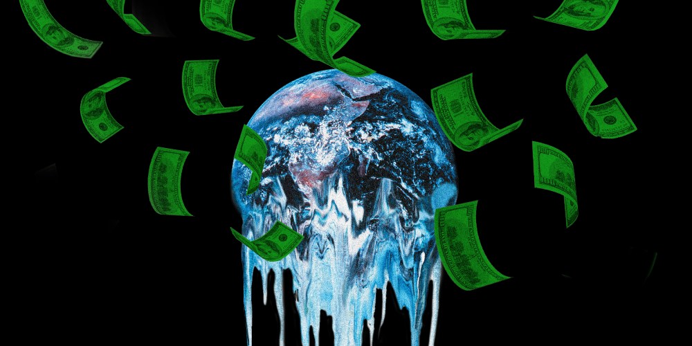 Photo illustration of a the earth melting while money falls over it.