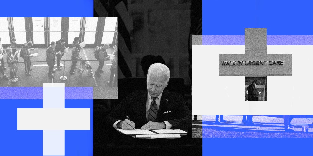 Photo collage of President Biden signing an executive order at his desk along with images of people lining up outside a clinic and a walk-in urgent care.