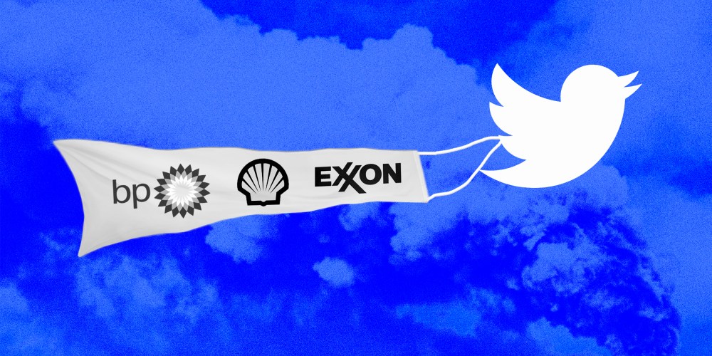 Photo illustration of the Twitter bird carrying a banner with BP, Shell and Exxon logos on it.