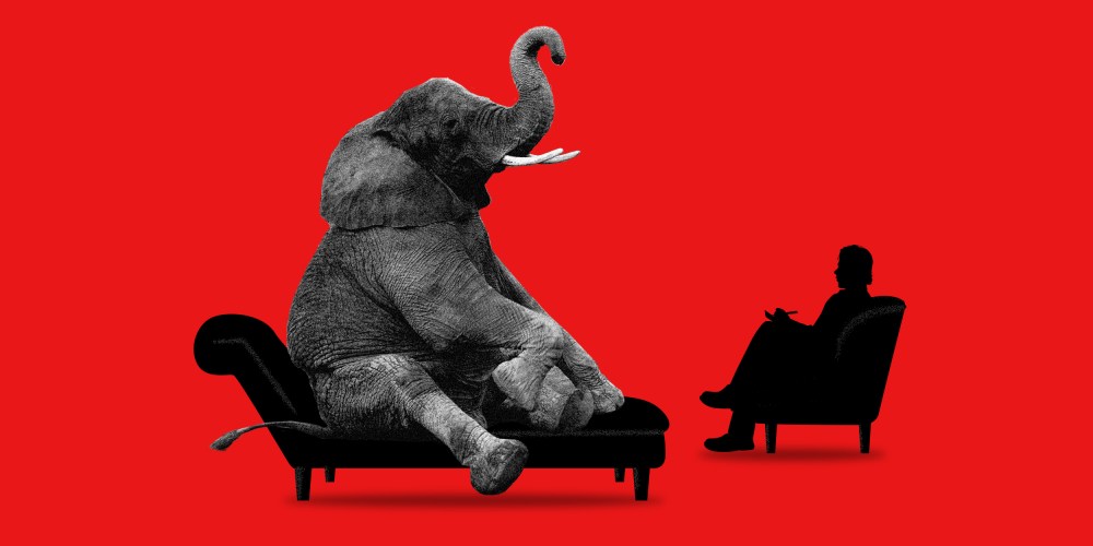 Photo illustration of an elephant sitting on a couch with a therapist.