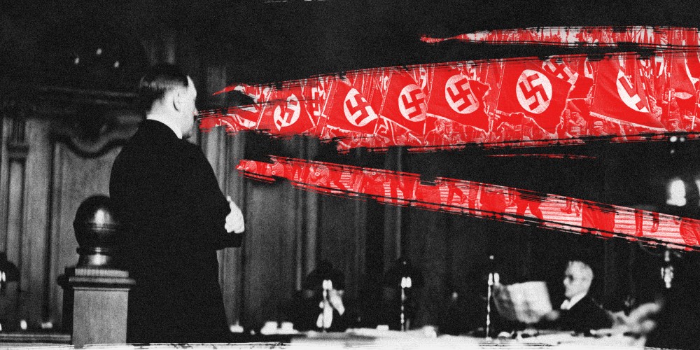 Photo illustration of Adolf Hitler speaking during his trial. Scratches on the images reveal an image of Nazis marching with their flags with a red overlay.
