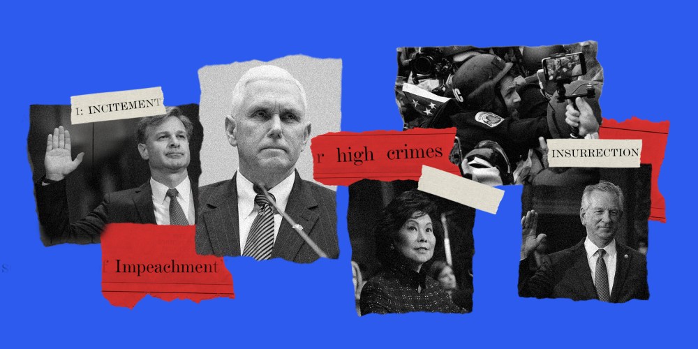 Photo illustration with images of Christopher Wray taking oath, Mike Pence, Elaine Chao, officer Michael Fanone during the Capital riot and Sen. Tommy Tuberville and scraps of paper over it read,"Impeachment", "high crimes", "insurrection","incitement.
