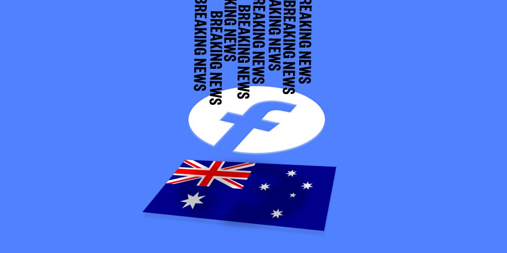 Illustration of the facebook icon hovering over the flag of Australia blocking streams of text that read,"Breaking News".