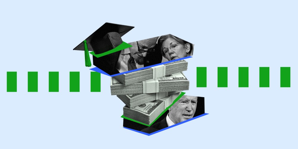 Image: Stacks of money is layered between an image of Elizabeth Warren and Chuck Schumer on top and and image of President Joe Biden at the base. A graduation cap sits on top of the pile.
