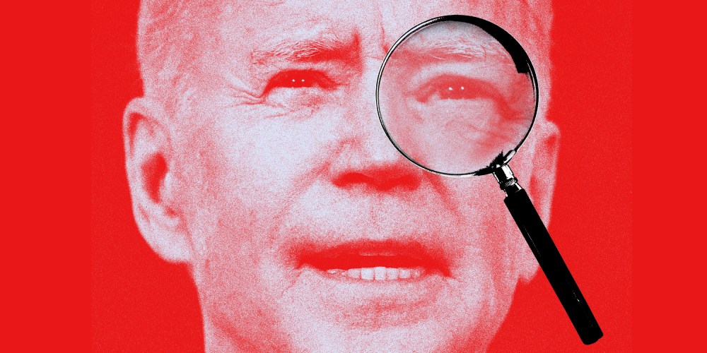 Photo illustration of a magnifying glass over U.S. President Joseph Biden's right eye.