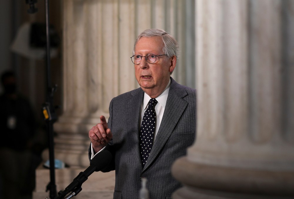 Image: Senate Minority Leader Mitch McConnell is interviewed on Capitol Hill in Washington