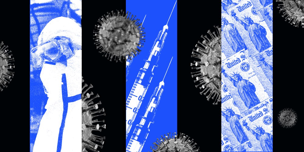 Photo collage of healthcare workers in protective gear, vaccines and stimulus cheques amidst many COVID-19 spores.
