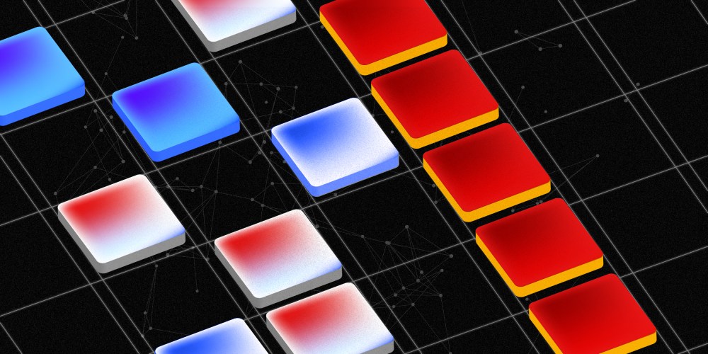 A line of yellow and red colored tiles on a grid. Blue, white and red tiles next to it are scattered but within grid lines.
