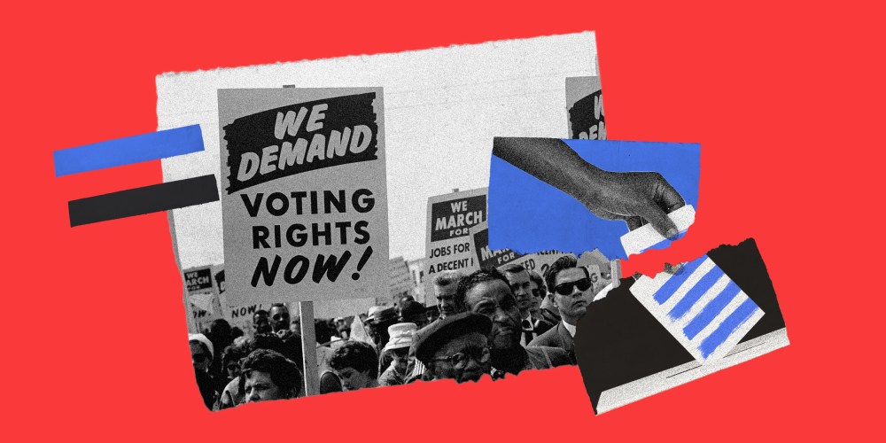 Photo collage of an image of demonstrators holding up signs, one reads 'We Demand Voting Rights Now!' and a torn image of a hand putting a vote into the ballot box.