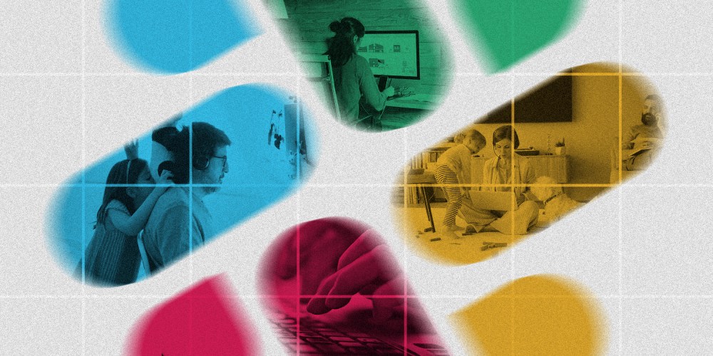 Photo illustration of a blurry logo of Slack. Each of its shapes have images of people working from home.