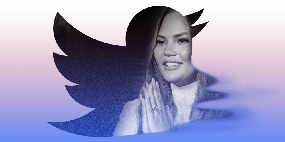 Photo illustration of a partial image of Chrissy Teigen dispersing from the Twitter logo.
