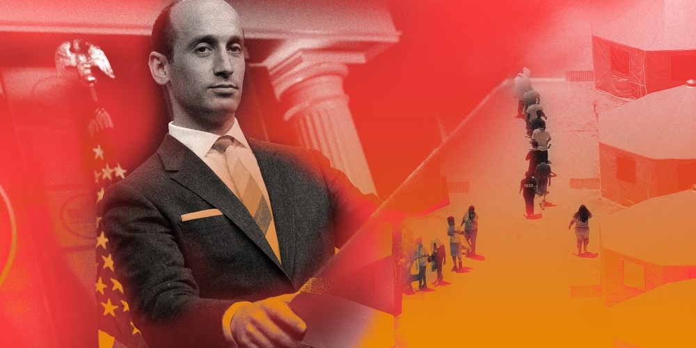 Photo collage of Stephen Miller at the podium merged with the image of children and workers at a tent encampment in Texas.