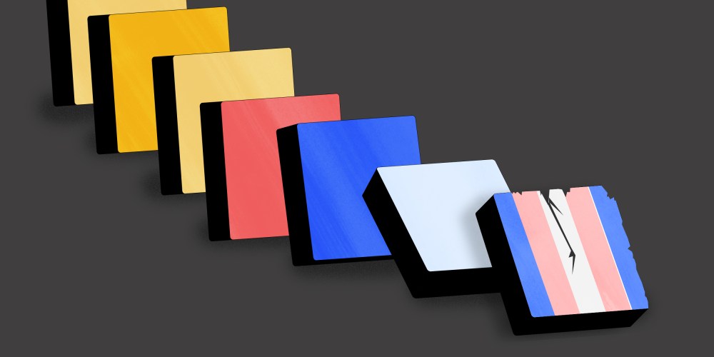 Illustration of a tile with the transgender pride flag colors falling backwards over a row of different colored tiles.