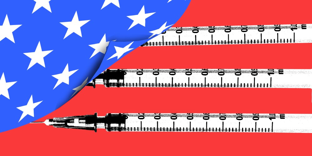 Photo illustration of a blue cover with stars being lifted off a red surface with three white colored vaccines.