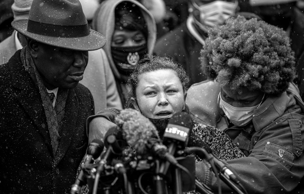 Image: Katie Wright, mother of Daunte Wright  with family members and attorney speaks at a press conference.