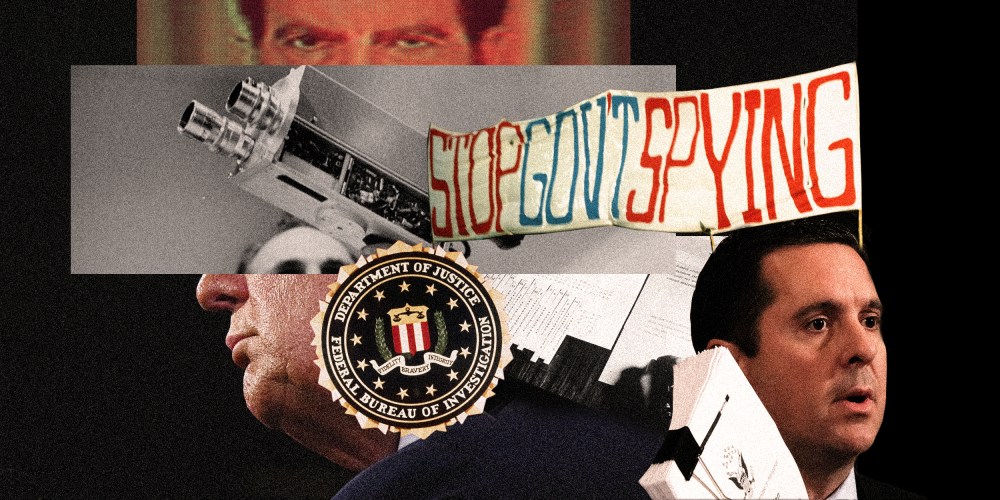 Photo collage with a close up of Richard Nixon's eyes, a hand holding an old TV camera, the FBI stamp, a banner that reads,"Stop Govt Spying", Devin Nunes and a cropped profile of Donald Trump at the back.