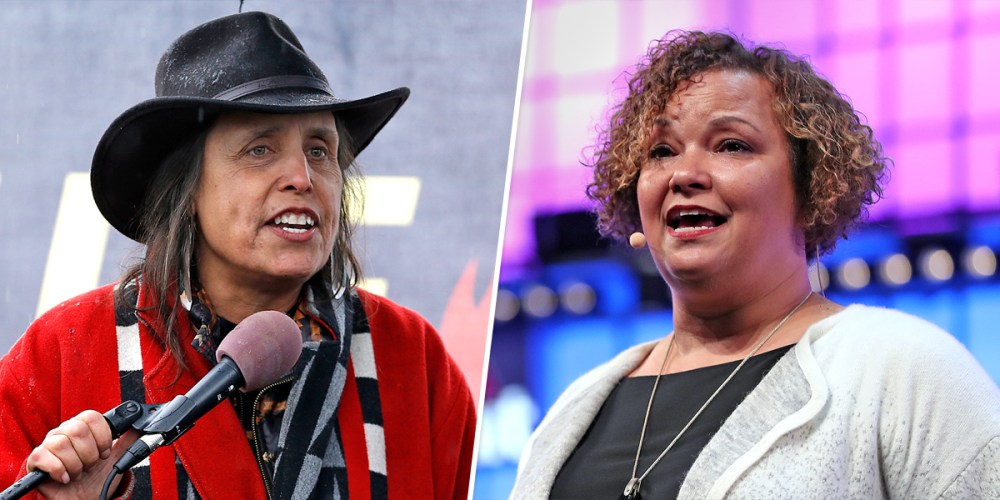 Native American land rights activist Winona Laduke, left, and Apple's Vice President of Environment, Policy and Social Initiatives Lisa Jackson.