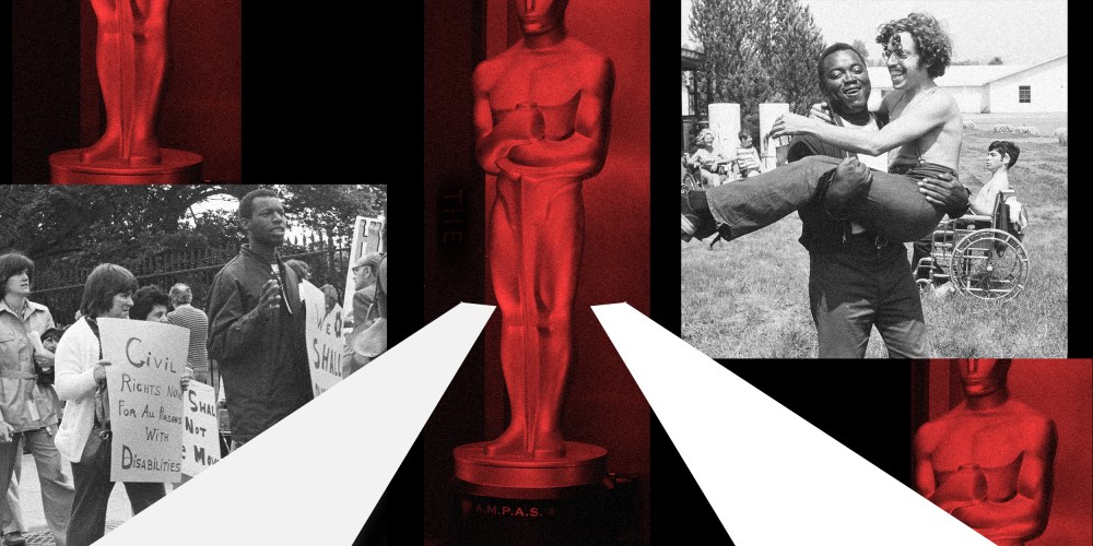 Photo illustration: Stills from the film, "Crip Camp: A Disability Revolution", image of the Academy Awards statue and two ramps going towards it.