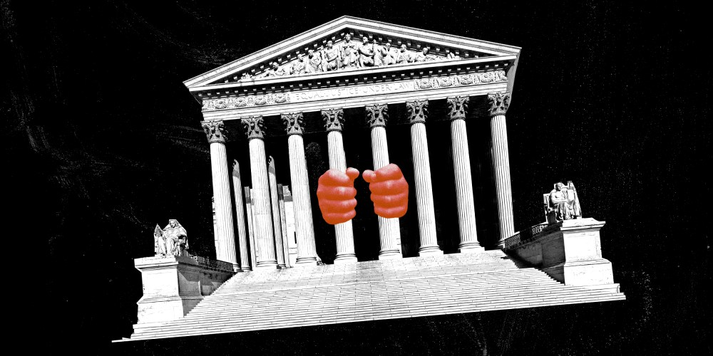 Photo illustration of a child's hands gripping the U.S. Supreme Court columns.