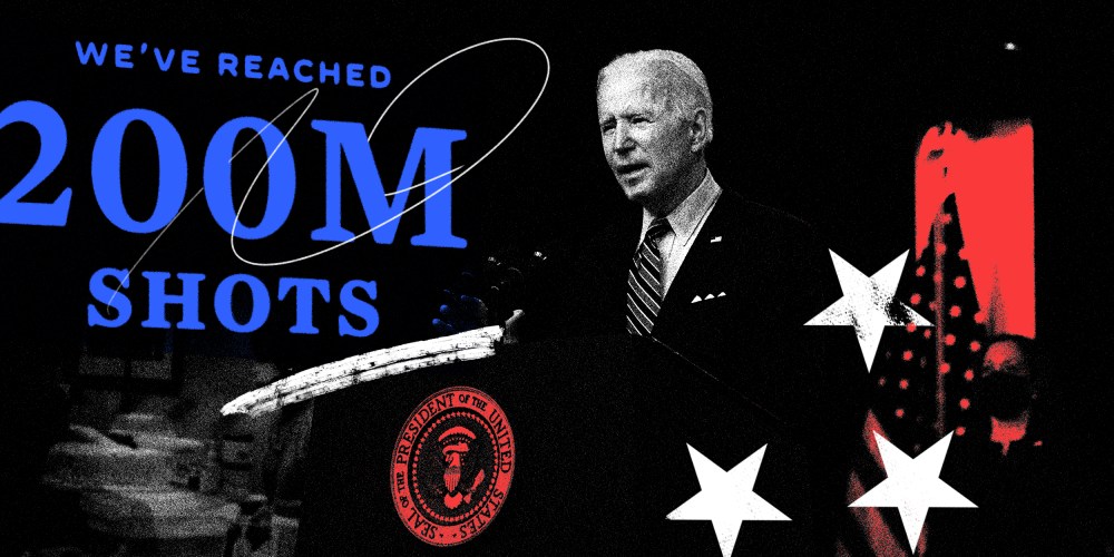 Photo illustration: President Joe Biden speaking on the state on vaccinations.