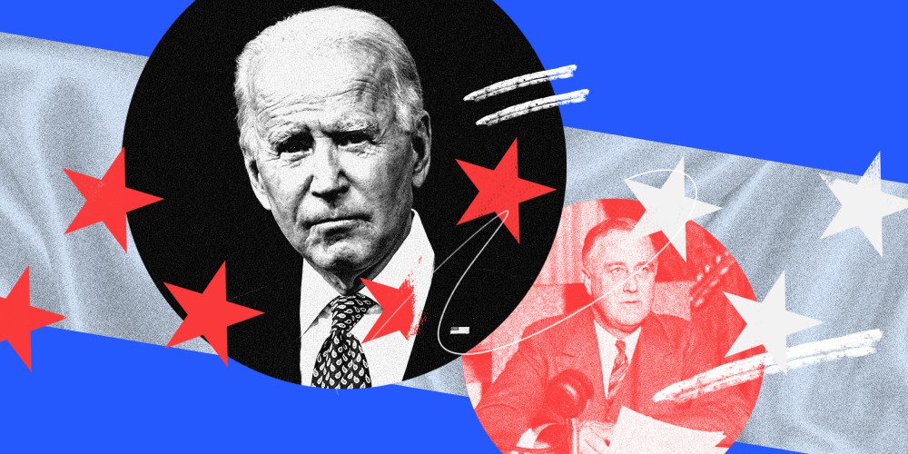 Photo illustration with images of Joseph Biden and Franklin D. Roosevelt